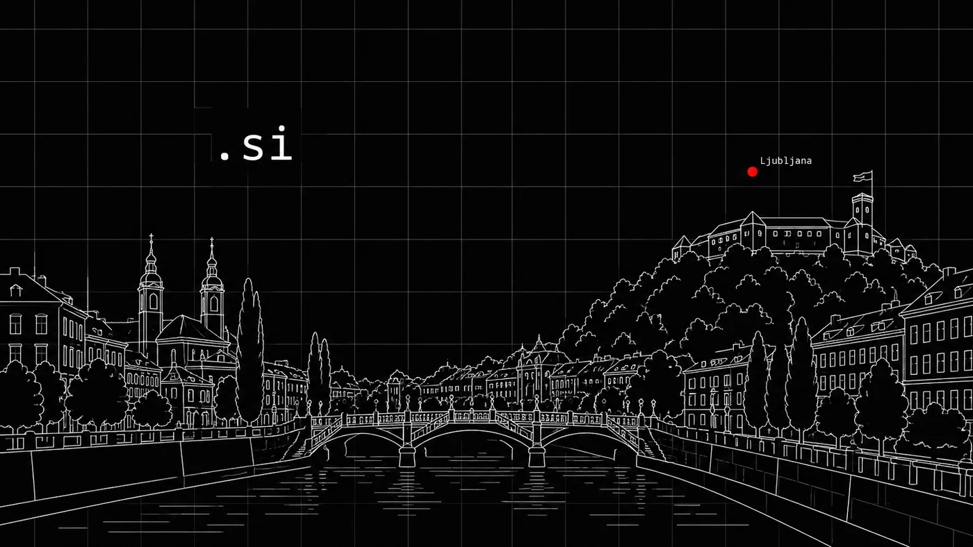 Line drawing of Ljubljana, Slovenia's capital: the river with its bridges and old town, Ljubljana Castle on the hill, and the .si domain name above, with a red dot marking Ljubljana